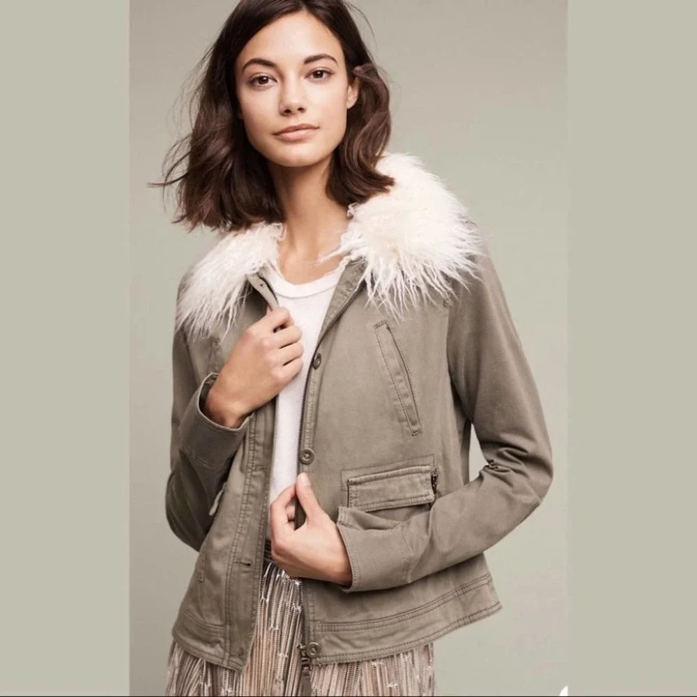 ANTHROPOLOGIE Marrakech Army Green Faux Fur Collared Cadet Jacket Small NEW - Picture 16 of 16